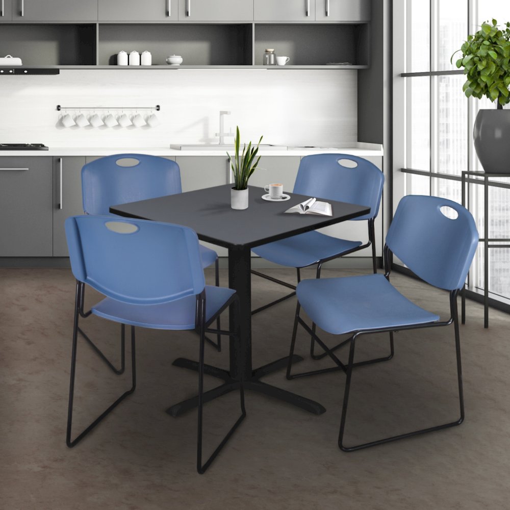 36 in. Square X-Base Breakroom Table- Grey & 4 Zeng Stack Chairs- Blue