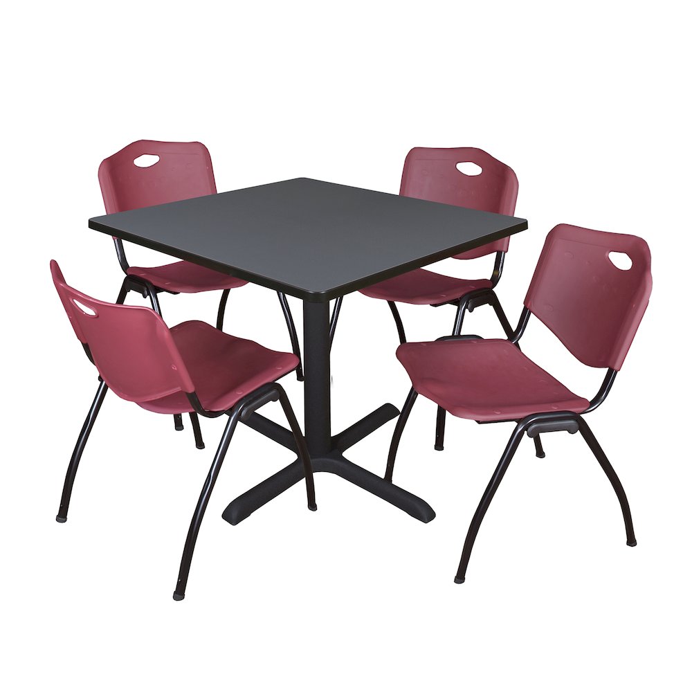 36 in. Square X-Base Breakroom Table- Grey & 4 M Stack Chairs- Burgundy