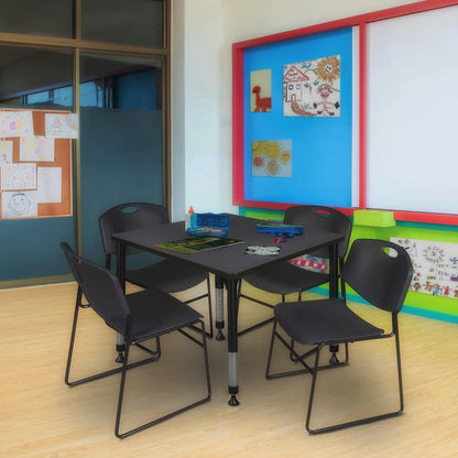 36 in. Square Adjustable Classroom Table- Grey & 4 Zeng Stack Chairs- Black