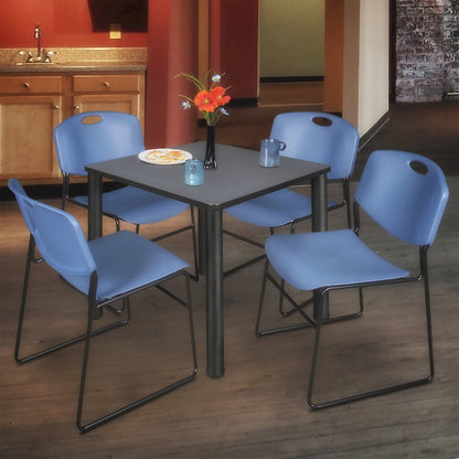 36 in Square Breakroom Table- Grey Top, Black Legs, 4 Zeng Stack Chairs- Blue