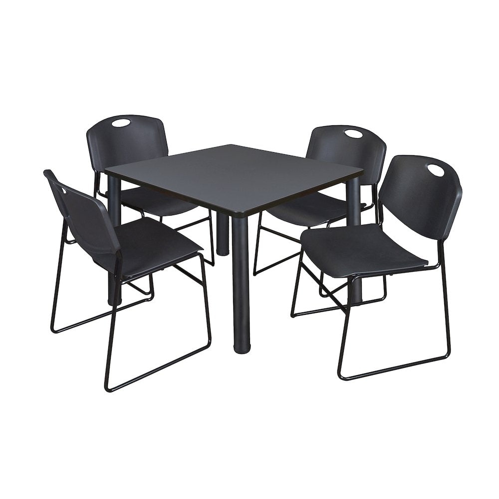 36 in Square Breakroom Table- Grey Top, Black Legs, 4 Zeng Stack Chairs- Black