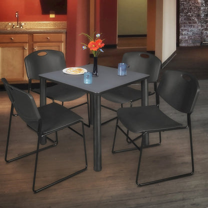 36 in Square Breakroom Table- Grey Top, Black Legs, 4 Zeng Stack Chairs- Black