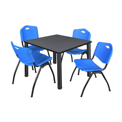 36 in Square Breakroom Table- Grey Top, Black Legs, 4 M Stack Chairs- Blue