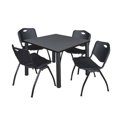 36 in Square Breakroom Table- Grey Top, Black Legs, 4 M Stack Chairs- Black