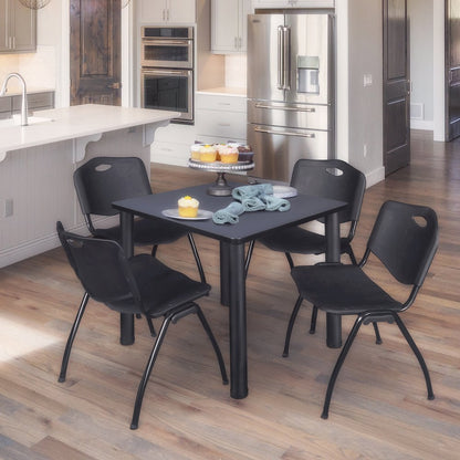 36 in Square Breakroom Table- Grey Top, Black Legs, 4 M Stack Chairs- Black