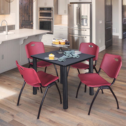 36 in Square Breakroom Table- Grey Top, Black Legs, 4 M Stack Chairs- Burgundy
