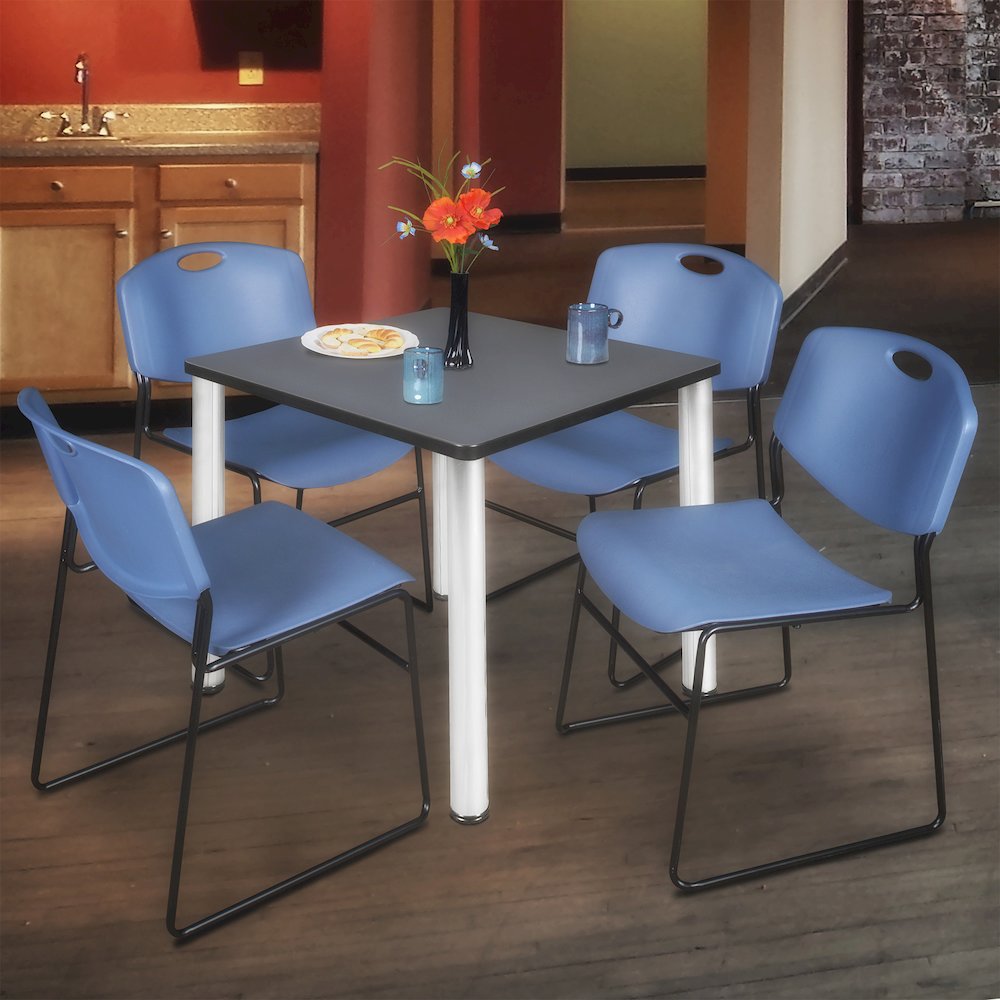 36 in Square Breakroom Table- Grey Top, Chrome Legs, 4 Zeng Stack Chairs- Blue