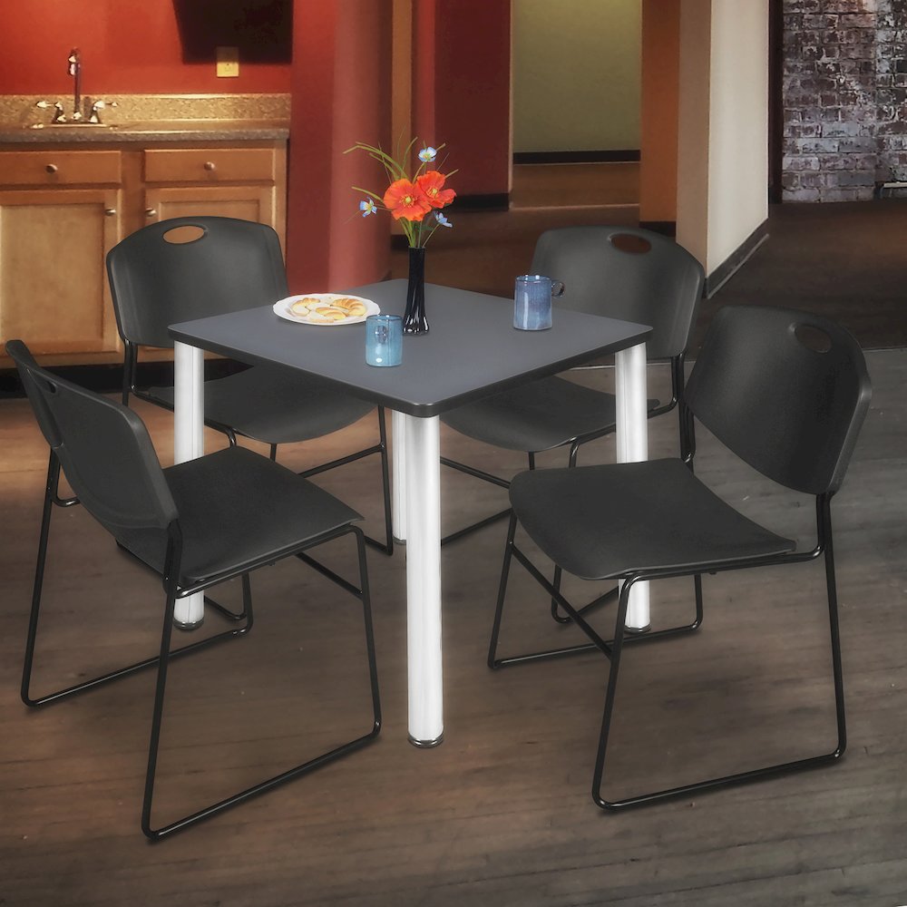36 in Square Breakroom Table- Grey Top, Chrome Legs, 4 Zeng Stack Chairs- Black
