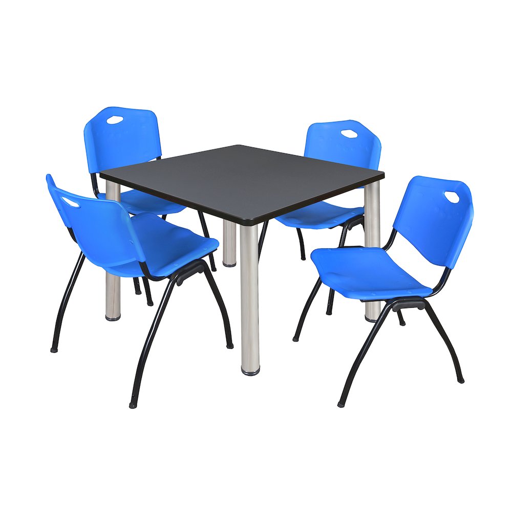 36 in Square Breakroom Table- Grey Top, Chrome Legs, 4 M Stack Chairs- Blue
