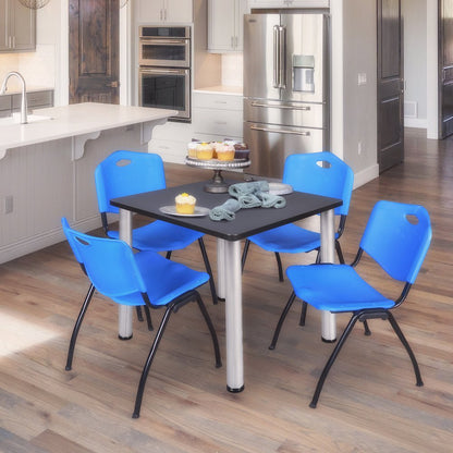 36 in Square Breakroom Table- Grey Top, Chrome Legs, 4 M Stack Chairs- Blue