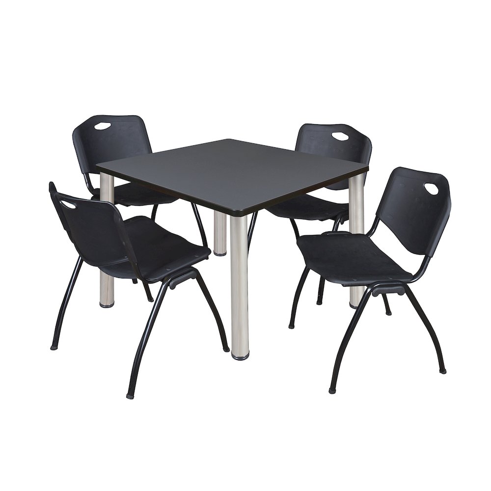 36 in Square Breakroom Table- Grey Top, Chrome Legs, 4 M Stack Chairs- Black