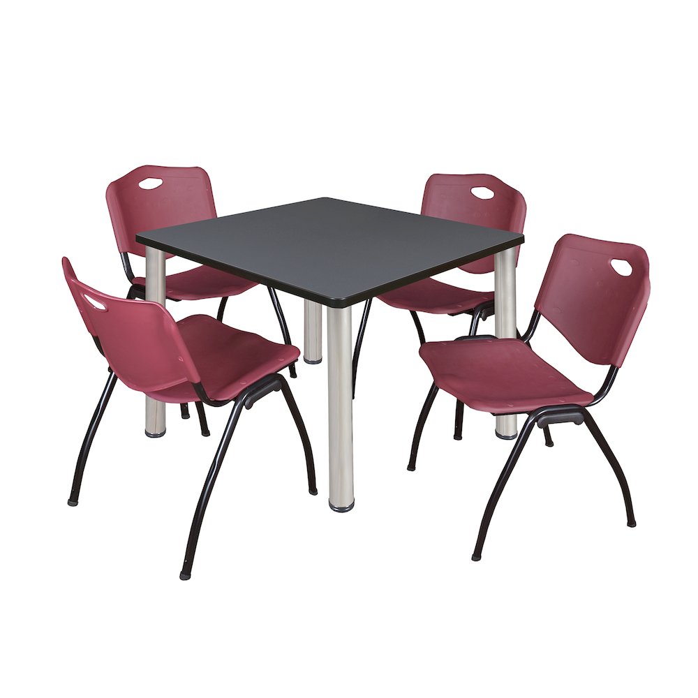 36 in Square Breakroom Table- Grey Top, Chrome Legs, 4 M Stack Chairs- Burgundy