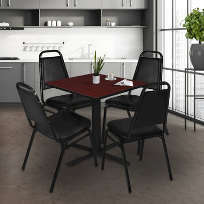 36 Square X-Base Breakroom Table- Mahogany & 4 Restaurant Stack Chairs- Black