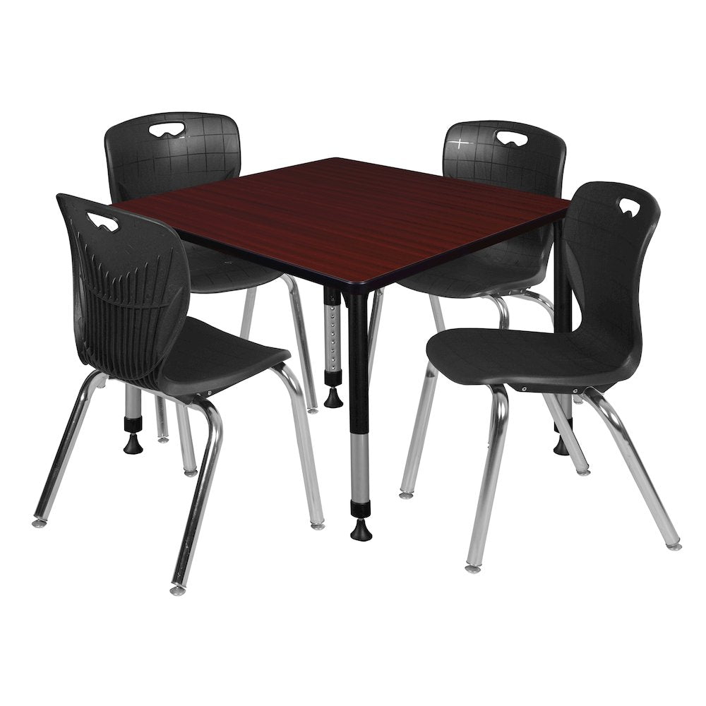 36 Square Adjustable Classroom Table- Mahogany & 4 Andy 18 Stack Chairs- Black