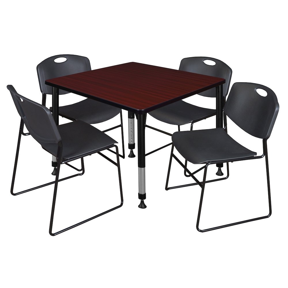 36 in. Square Adjustable Classroom Table- Mahogany & 4 Zeng Stack Chairs- Black