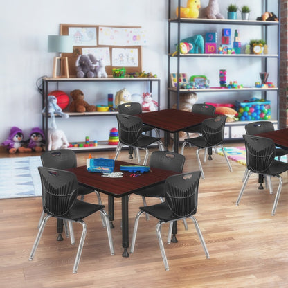 36 Square Adjustable Classroom Table- Mahogany & 4 Andy 12 Stack Chairs- Black