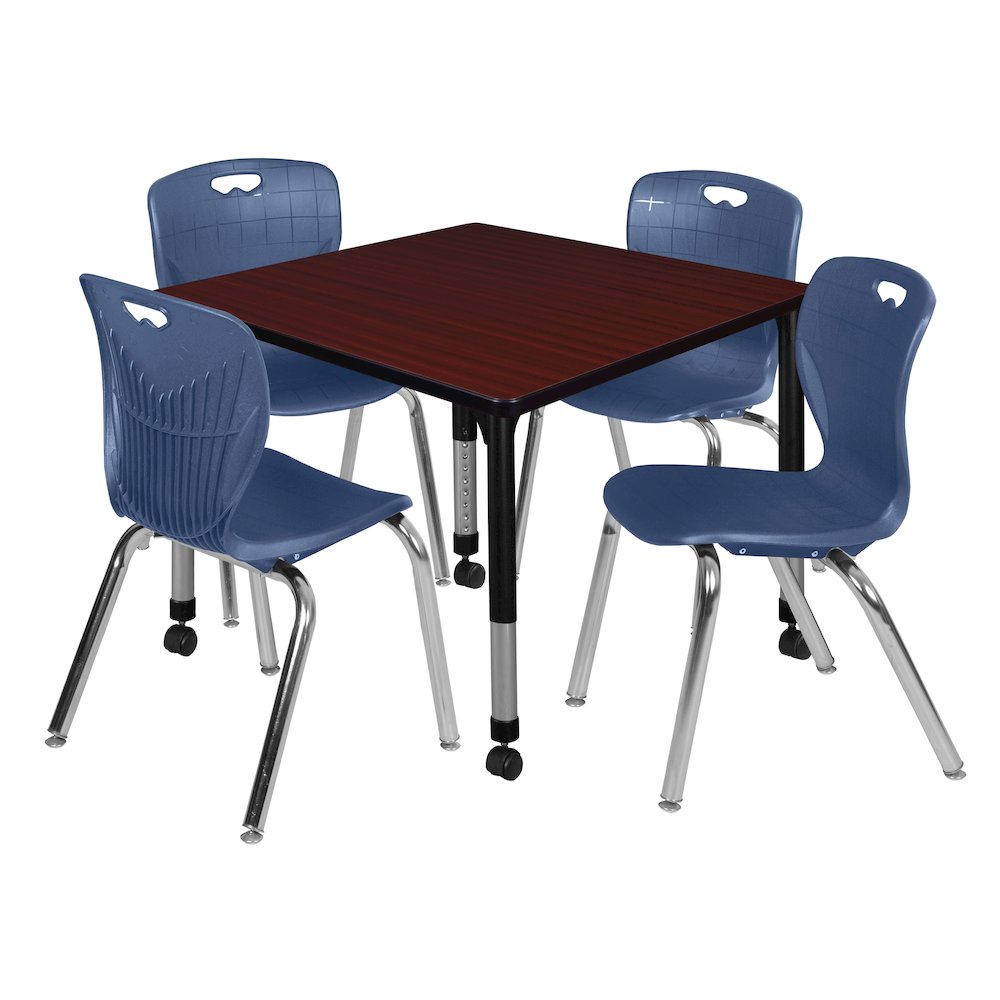 36 Square Mobile Classroom Table- Mahogany & 4 Andy 18 Stack Chairs- Blue