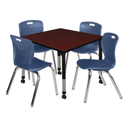 36 Square Mobile Classroom Table- Mahogany & 4 Andy 18 Stack Chairs- Blue