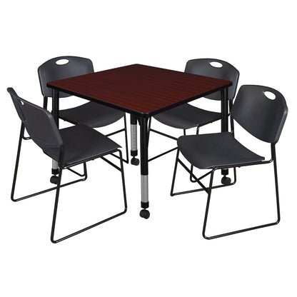 36 Square Mobile Classroom Table- Mahogany & 4 Zeng Stack Chairs- Black