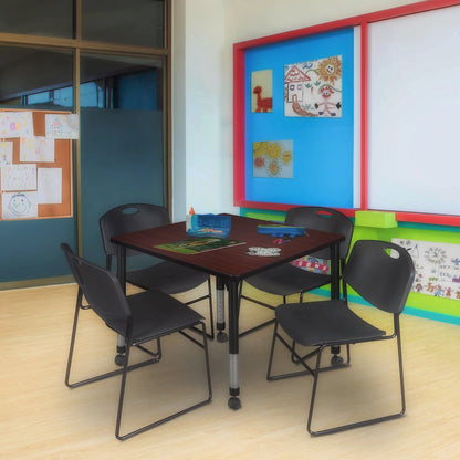 36 Square Mobile Classroom Table- Mahogany & 4 Zeng Stack Chairs- Black