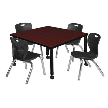 36 Square Mobile Classroom Table- Mahogany & 4 Andy 12 Stack Chairs- Black