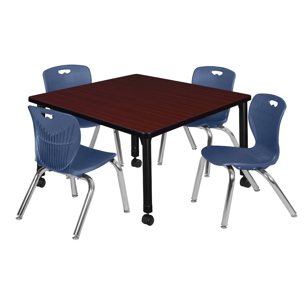 36 Square Mobile Classroom Table- Mahogany & 4 Andy 12 Stack Chairs- Blue