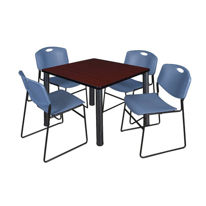 36 Square Breakroom Table- Mahogany Top, Black Legs, 4 Zeng Stack Chairs- Blue