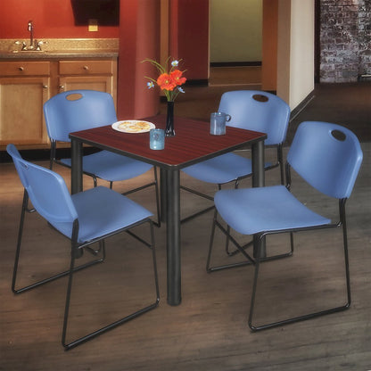 36 Square Breakroom Table- Mahogany Top, Black Legs, 4 Zeng Stack Chairs- Blue