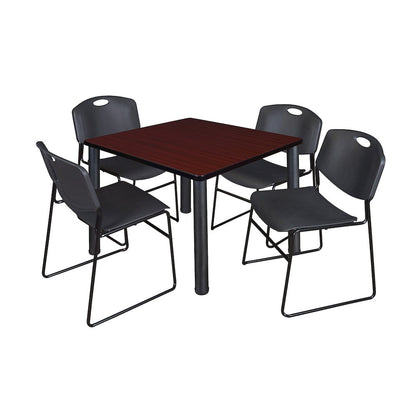 36 Square Breakroom Table- Mahogany Top, Black Legs, 4 Zeng Stack Chairs- Black