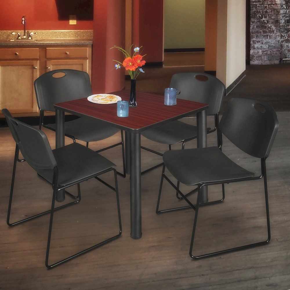 36 Square Breakroom Table- Mahogany Top, Black Legs, 4 Zeng Stack Chairs- Black