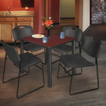36 Square Breakroom Table- Mahogany Top, Black Legs, 4 Zeng Stack Chairs- Black