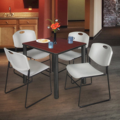 36 Square Breakroom Table- Mahogany Top, Black Legs, 4 Zeng Stack Chairs- Grey