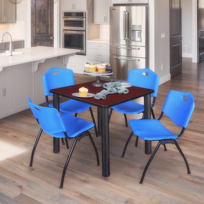 36 in Square Breakroom Table- Mahogany Top, Black Legs, 4 M Stack Chairs- Blue