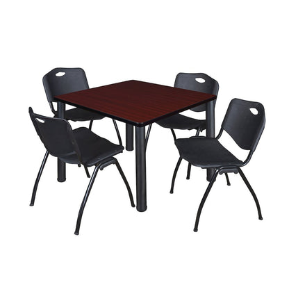 36 in Square Breakroom Table- Mahogany Top, Black Legs, 4 M Stack Chairs- Black