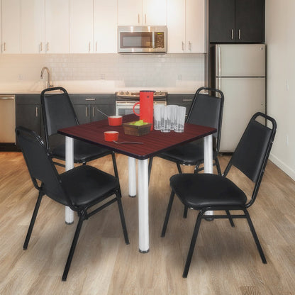 36 Square Breakroom Table- Mahogany Top, Chrome Legs, 4 Restaurant Stack Chairs