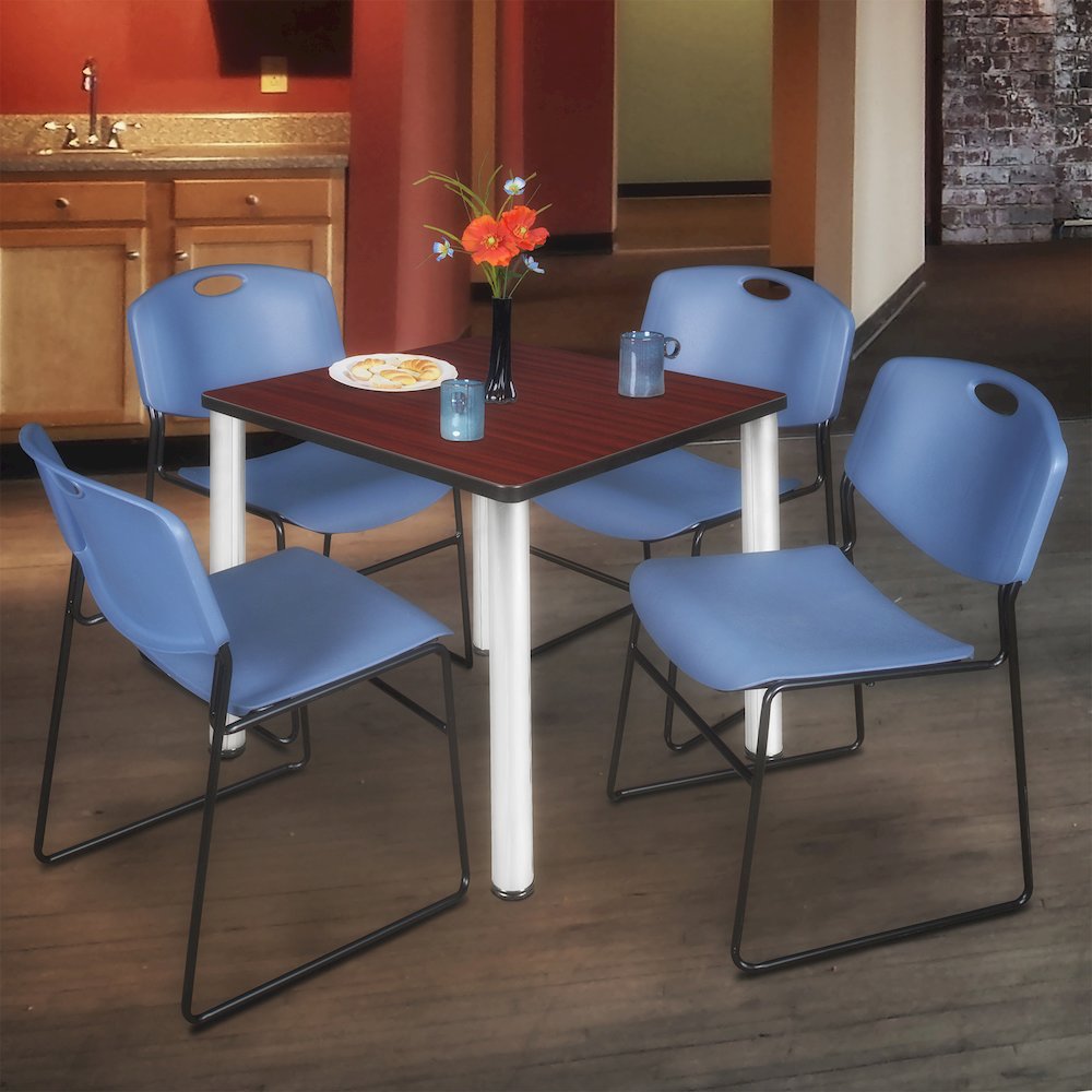 36 Square Breakroom Table- Mahogany Top, Chrome Legs, 4 Zeng Stack Chairs- Blue