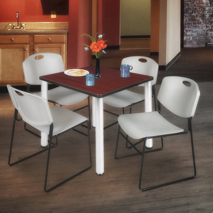 36 Square Breakroom Table- Mahogany Top, Chrome Legs, 4 Zeng Stack Chairs- Grey