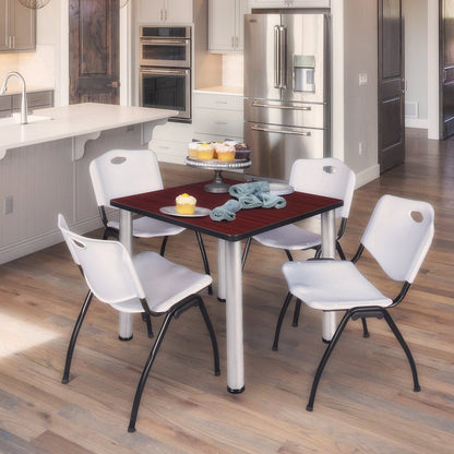 36 in Square Breakroom Table- Mahogany Top, Chrome Legs, 4 M Stack Chairs- Grey