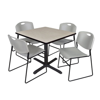 36 in. Square X-Base Breakroom Table- Maple & 4 Zeng Stack Chairs- Grey