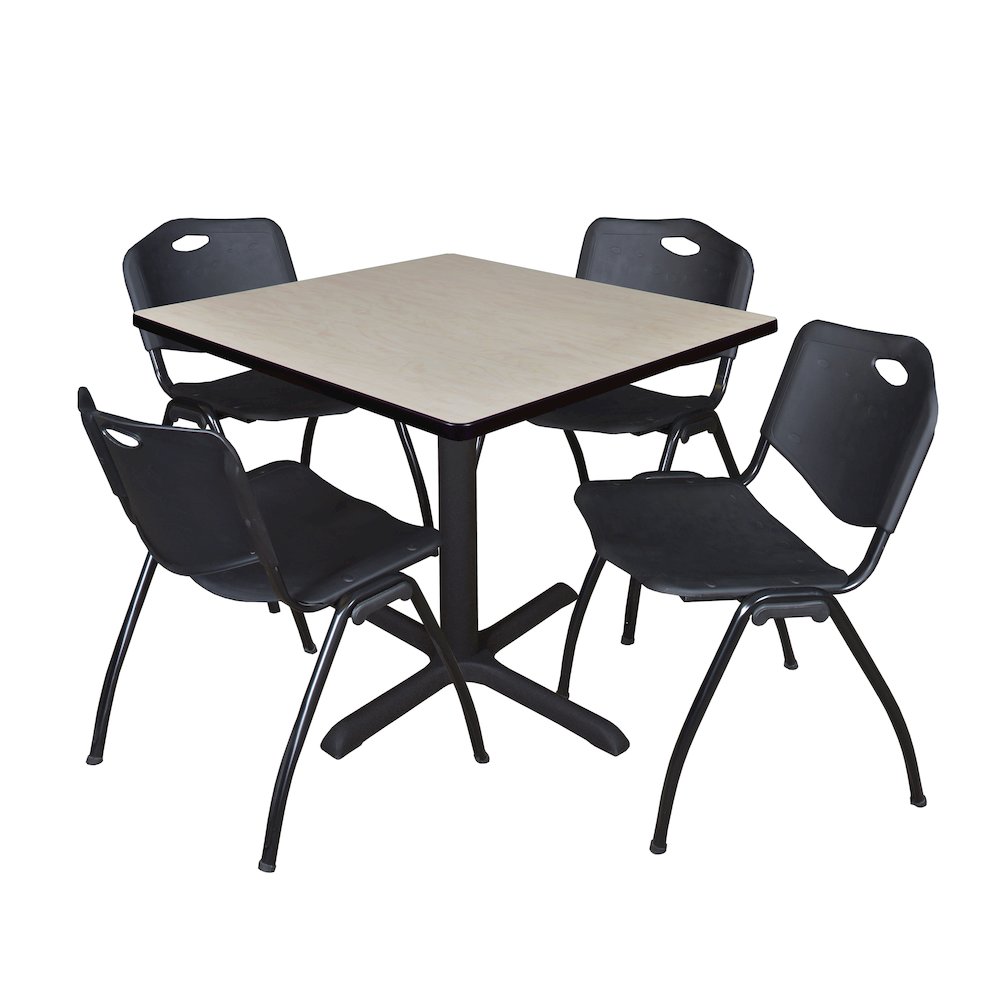 36 in. Square X-Base Breakroom Table- Maple & 4 M Stack Chairs- Black