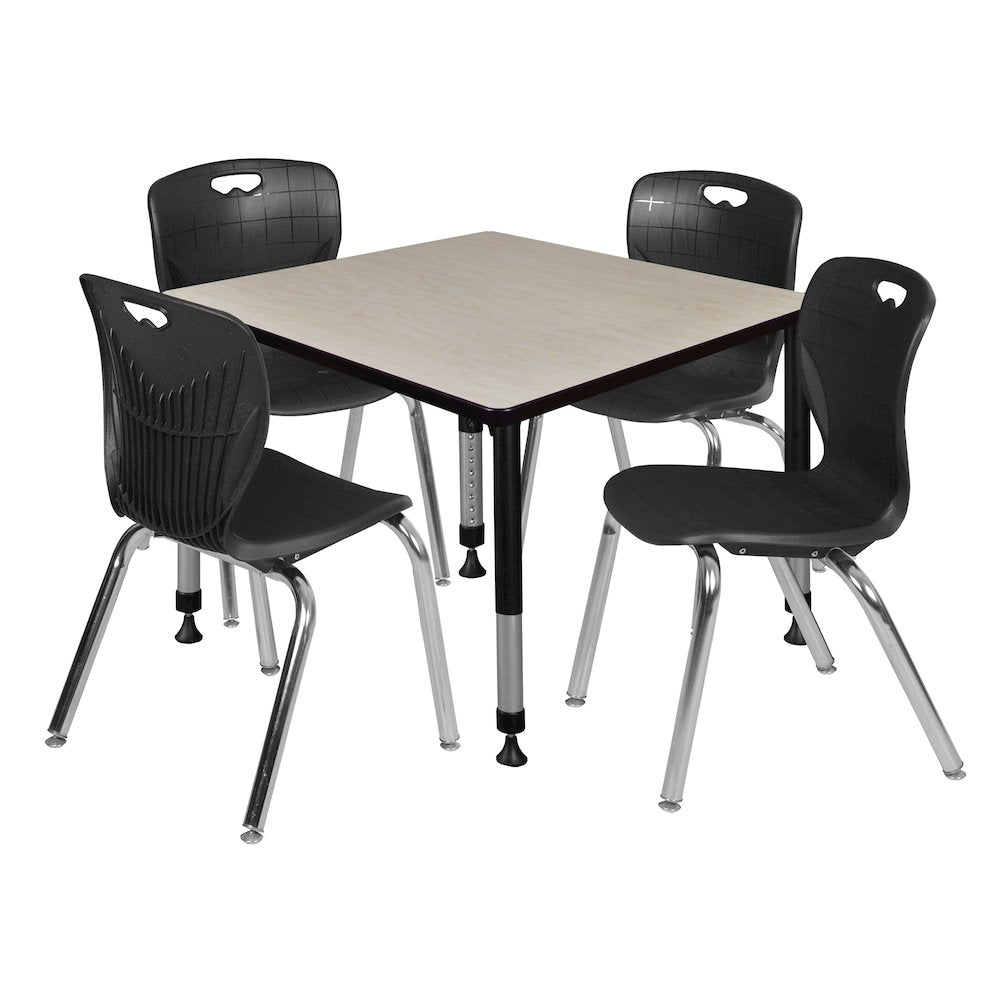 36 Square Adjustable Classroom Table- Maple & 4 Andy 18 Stack Chairs- Black