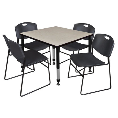 36 in. Square Adjustable Classroom Table- Maple & 4 Zeng Stack Chairs- Black