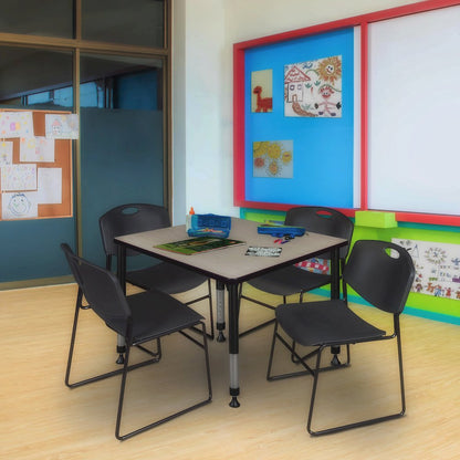 36 in. Square Adjustable Classroom Table- Maple & 4 Zeng Stack Chairs- Black