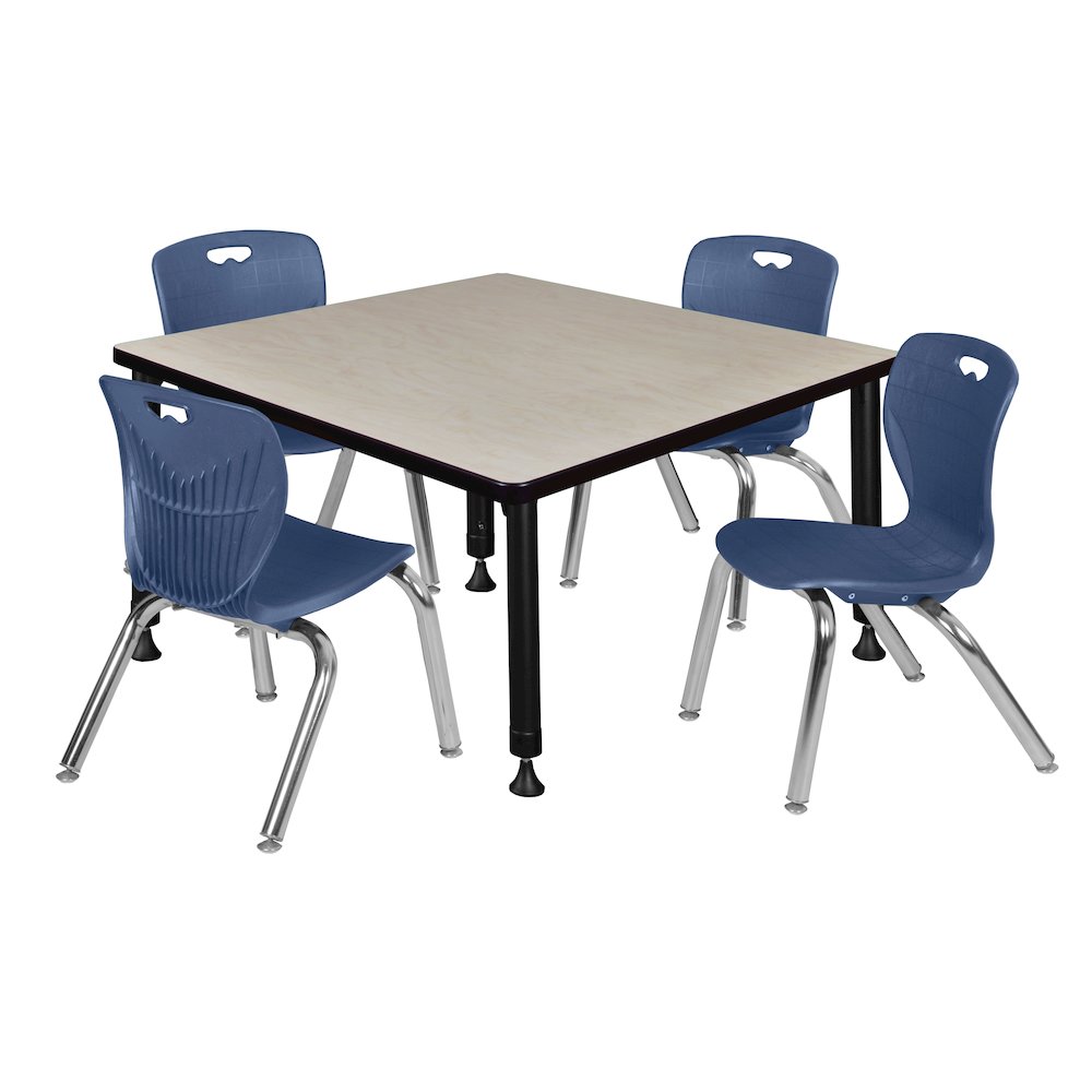 36 Square Adjustable Classroom Table- Maple & 4 Andy 12 Stack Chairs- Blue