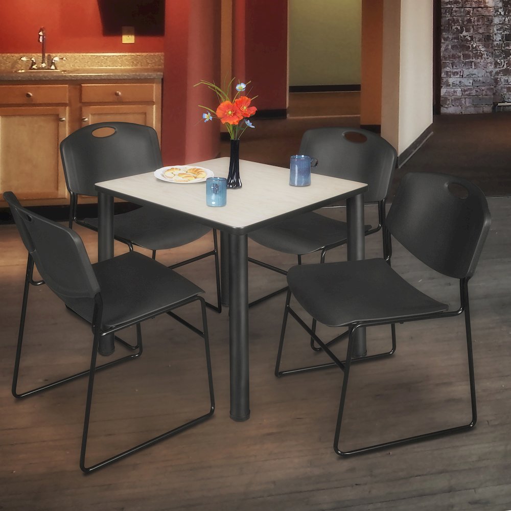 36 in Square Breakroom Table- Maple Top, Black Legs, 4 Zeng Stack Chairs- Black