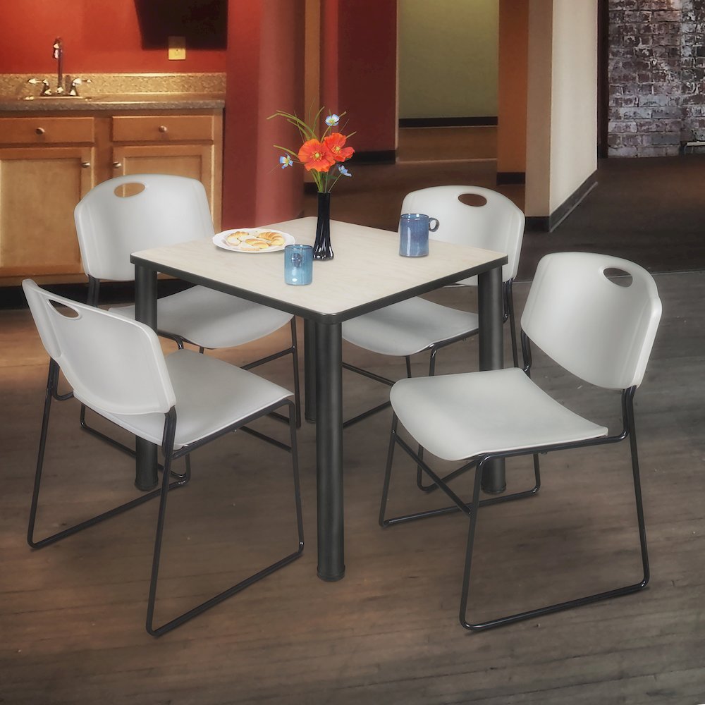 36 in Square Breakroom Table- Maple Top, Black Legs, 4 Zeng Stack Chairs- Grey