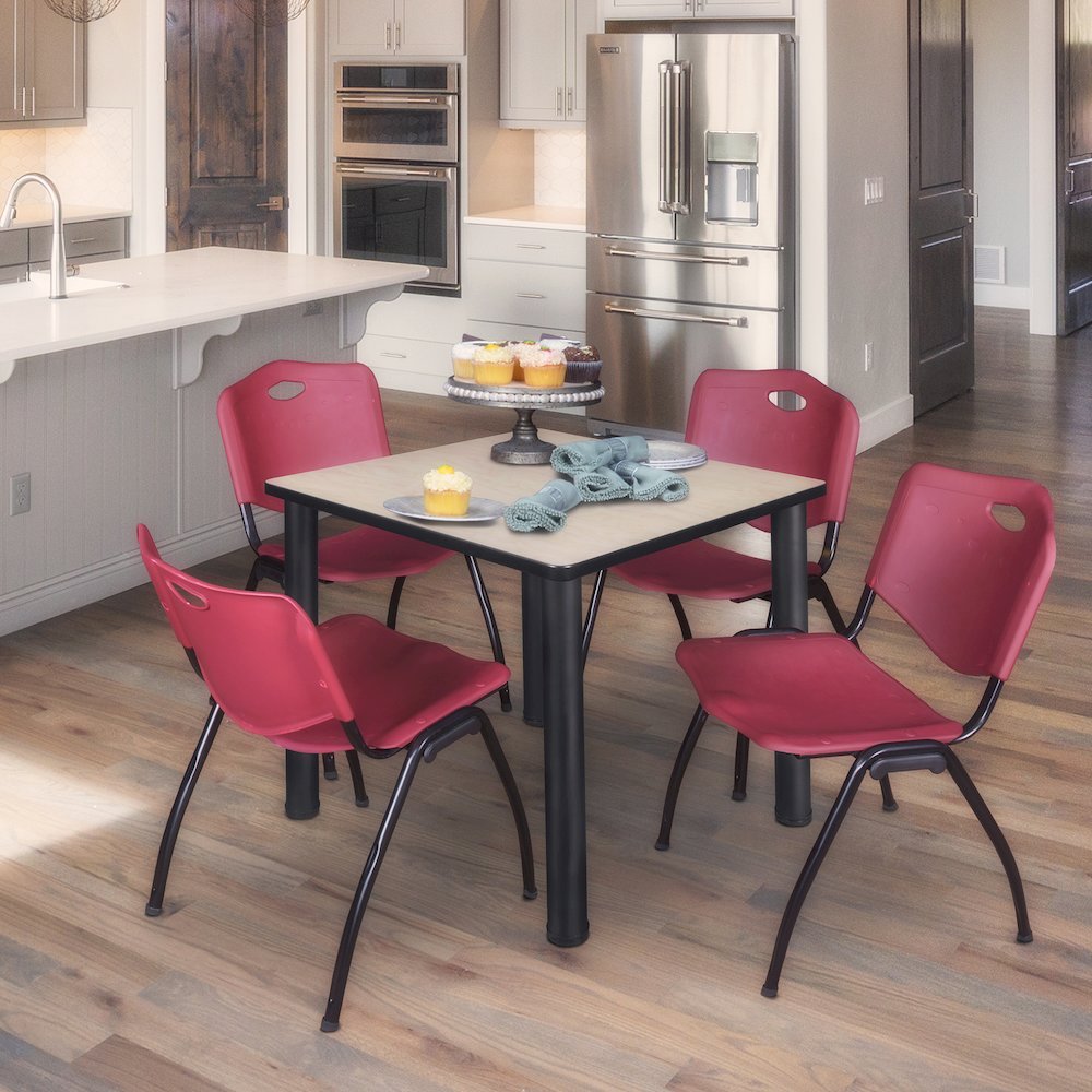 36 in Square Breakroom Table- Maple Top, Black Legs, 4 M Stack Chairs- Burgundy