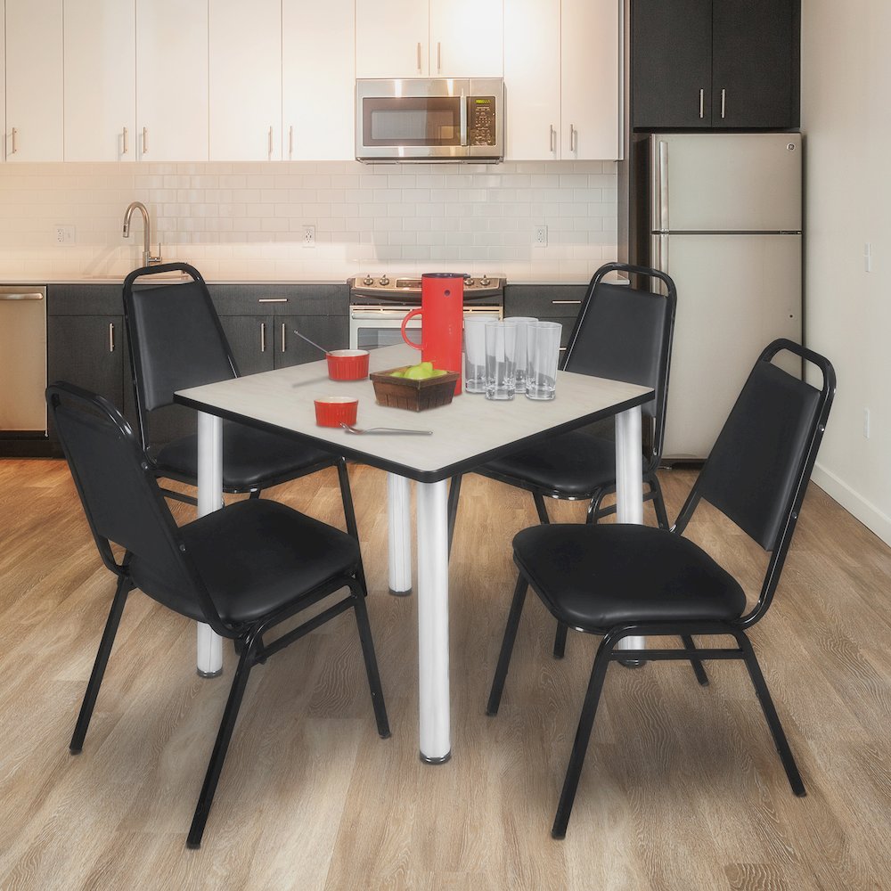 36 in Square Breakroom Table- Maple Top, Chrome Legs, 4 Restaurant Stack Chairs