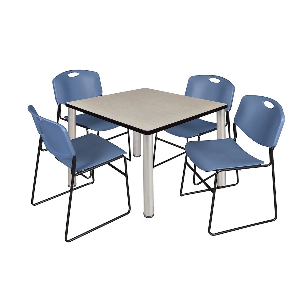 36 in Square Breakroom Table- Maple Top, Chrome Legs, 4 Zeng Stack Chairs- Blue