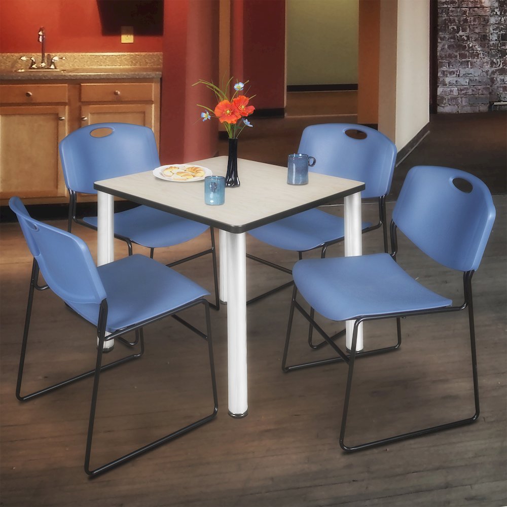 36 in Square Breakroom Table- Maple Top, Chrome Legs, 4 Zeng Stack Chairs- Blue